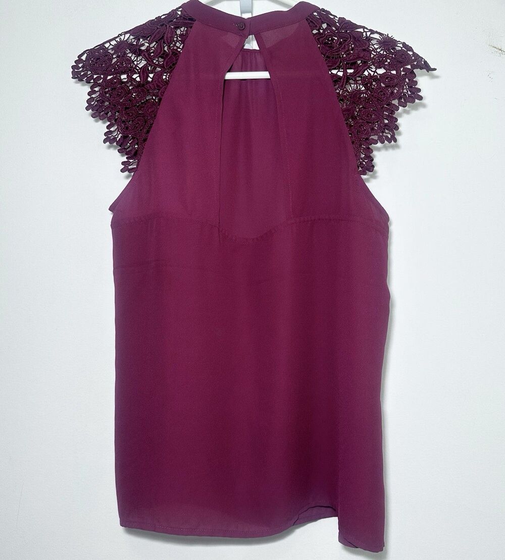 Express Lace Cap Sleeve Blouse Small Burgundy High Neck Keyhole Back Top - Picture 3 of 7
